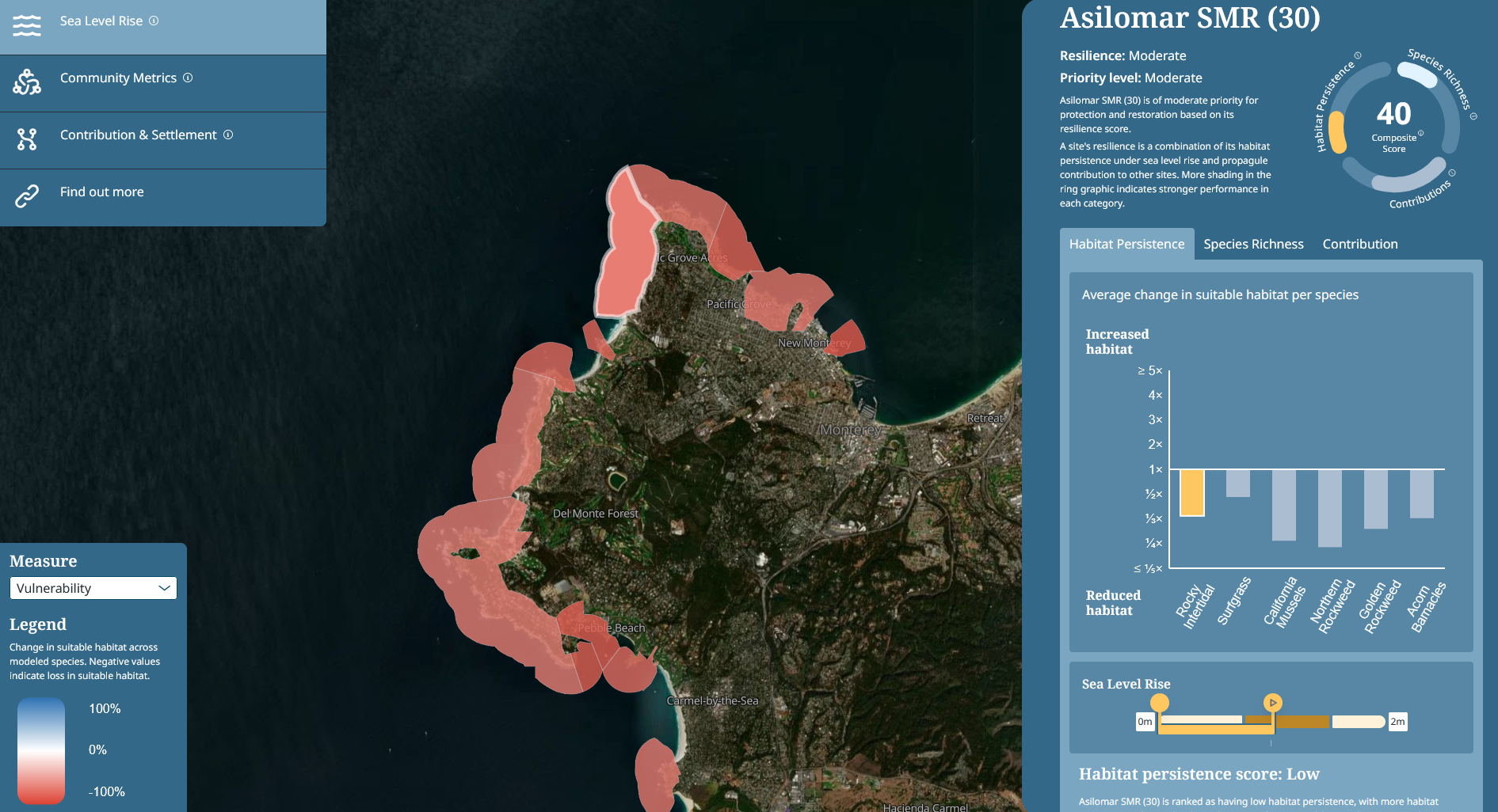 ShoreCast sea level rise impacts map for Asilomar, California